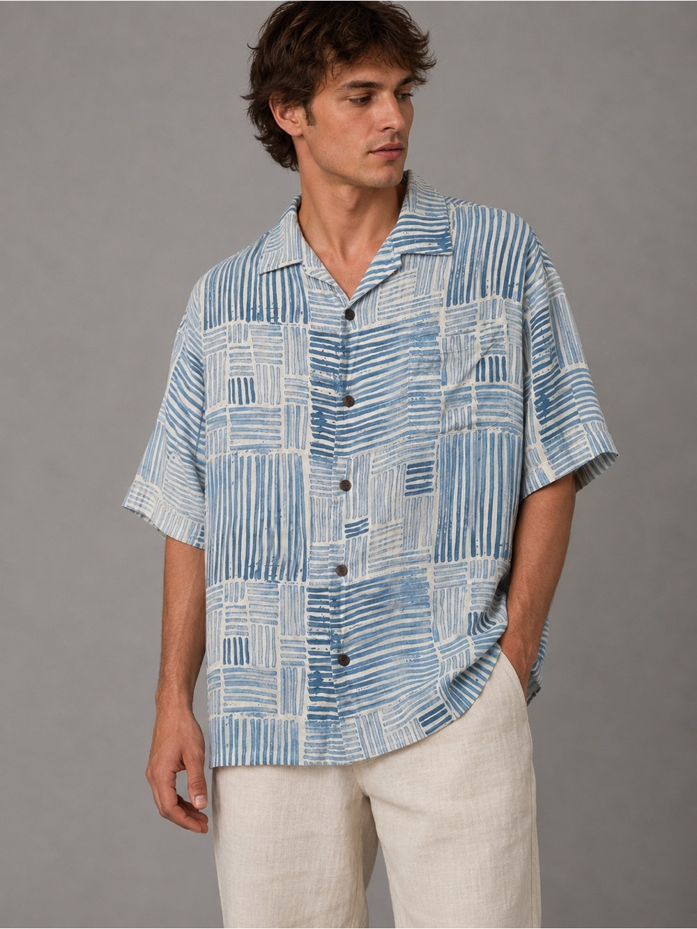 Tommy Bahama XL Tall 100% Silk Shirt Blue Geometric Abstract Original Fit